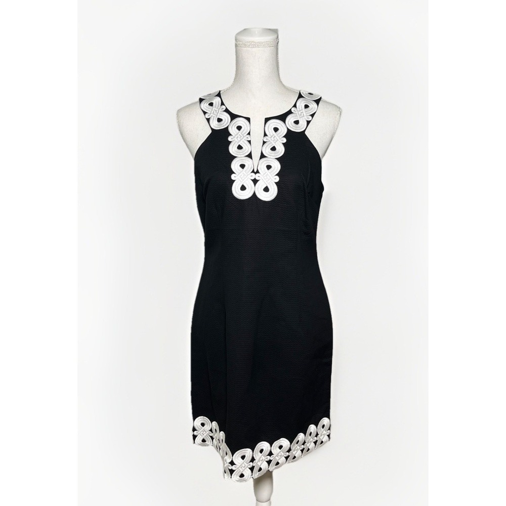 Trina Turk Black White Embroidered Shift Dress Cocktail Womens Size 6